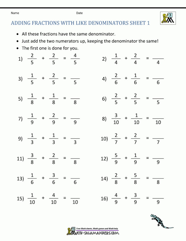 Adding Fractions With Like Denominators Worksheets