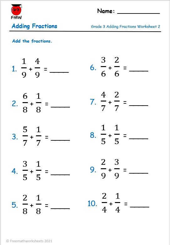 Adding Fractions With Same Denominator Worksheet