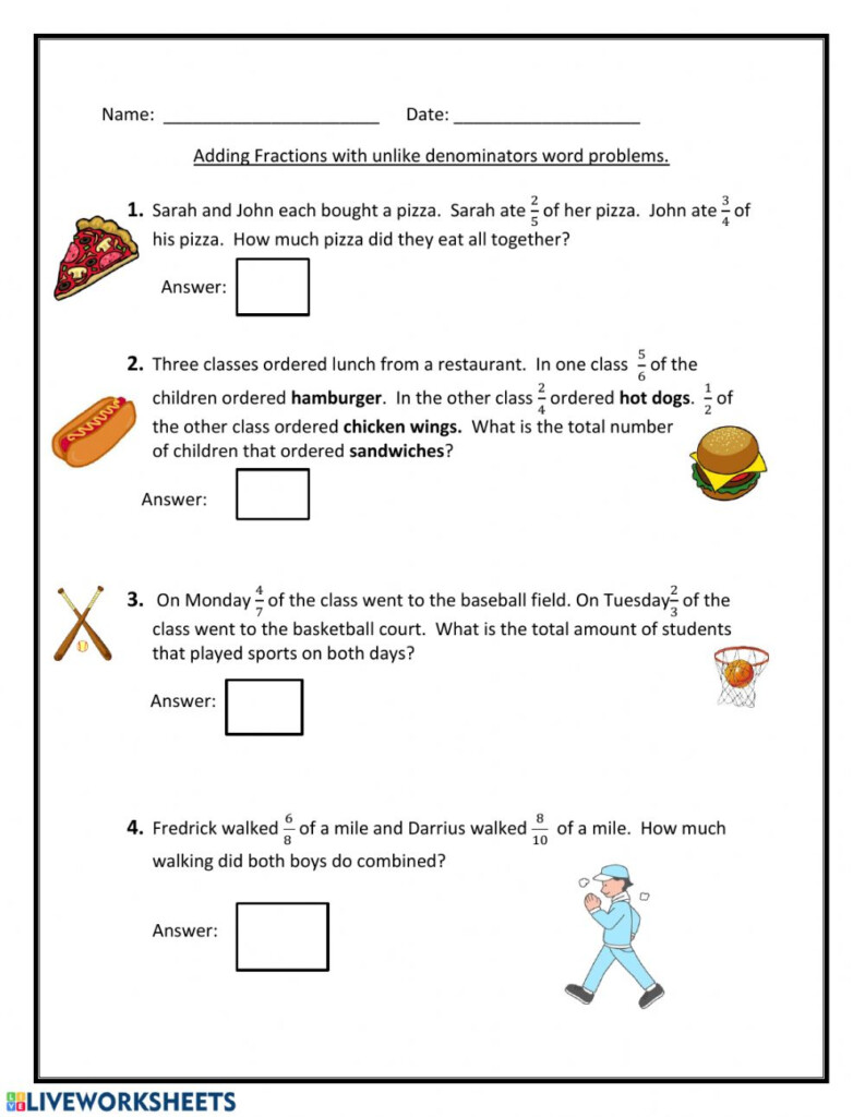 Adding Fractions With Unlike Denominators Word Problems Worksheets 