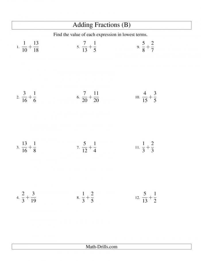 Adding Unlike Fractions Worksheet