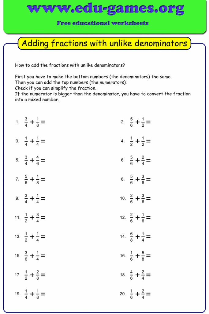 Adding Fractions With Unlike Denominators Worksheets Create Unlimited 