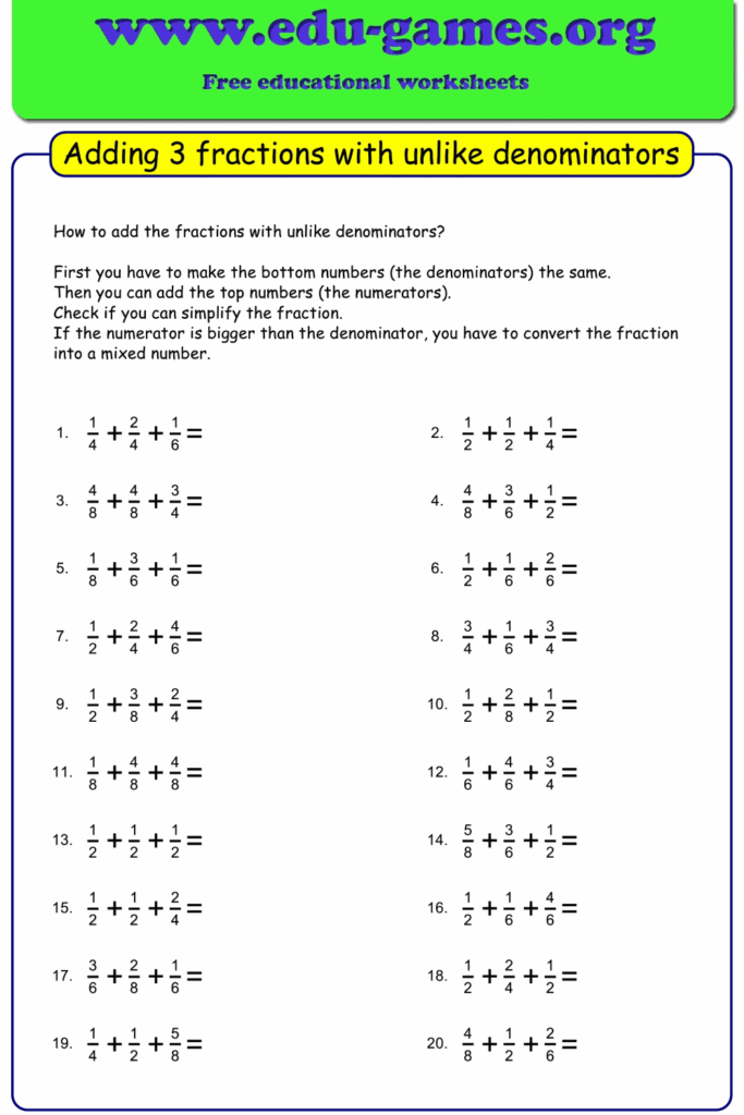 Adding Fractions With Unlike Denominators Worksheets Fraction 