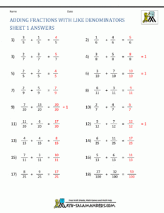 Adding Fractions With Unlike Denominators Worksheets With Answers