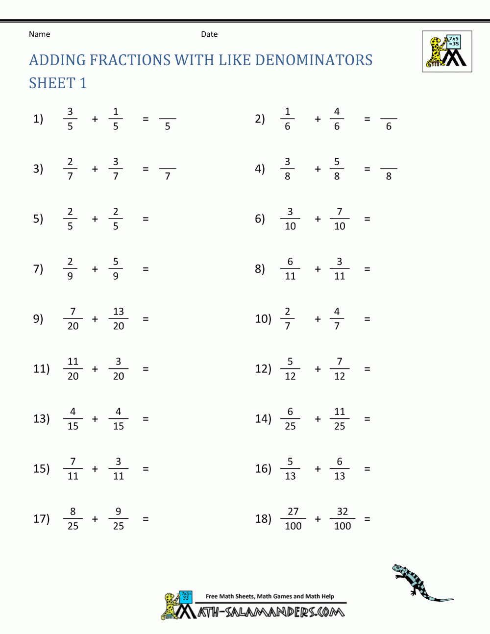 Math Worksheets Adding Fractions With Different Denominators