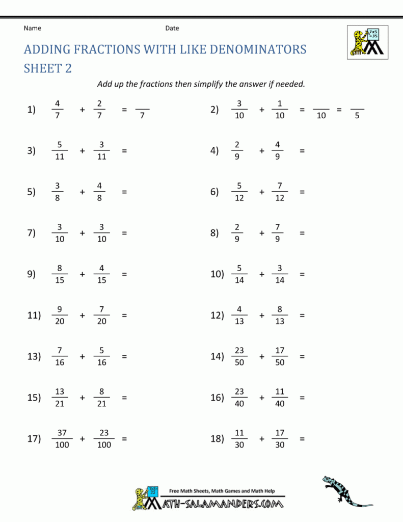 Adding Fractions Worksheets