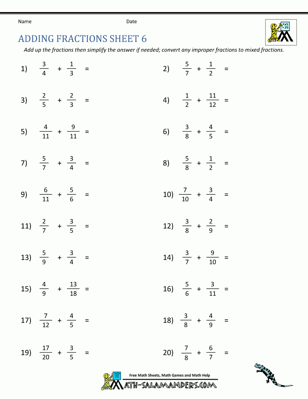 Fraction Adding Worksheet