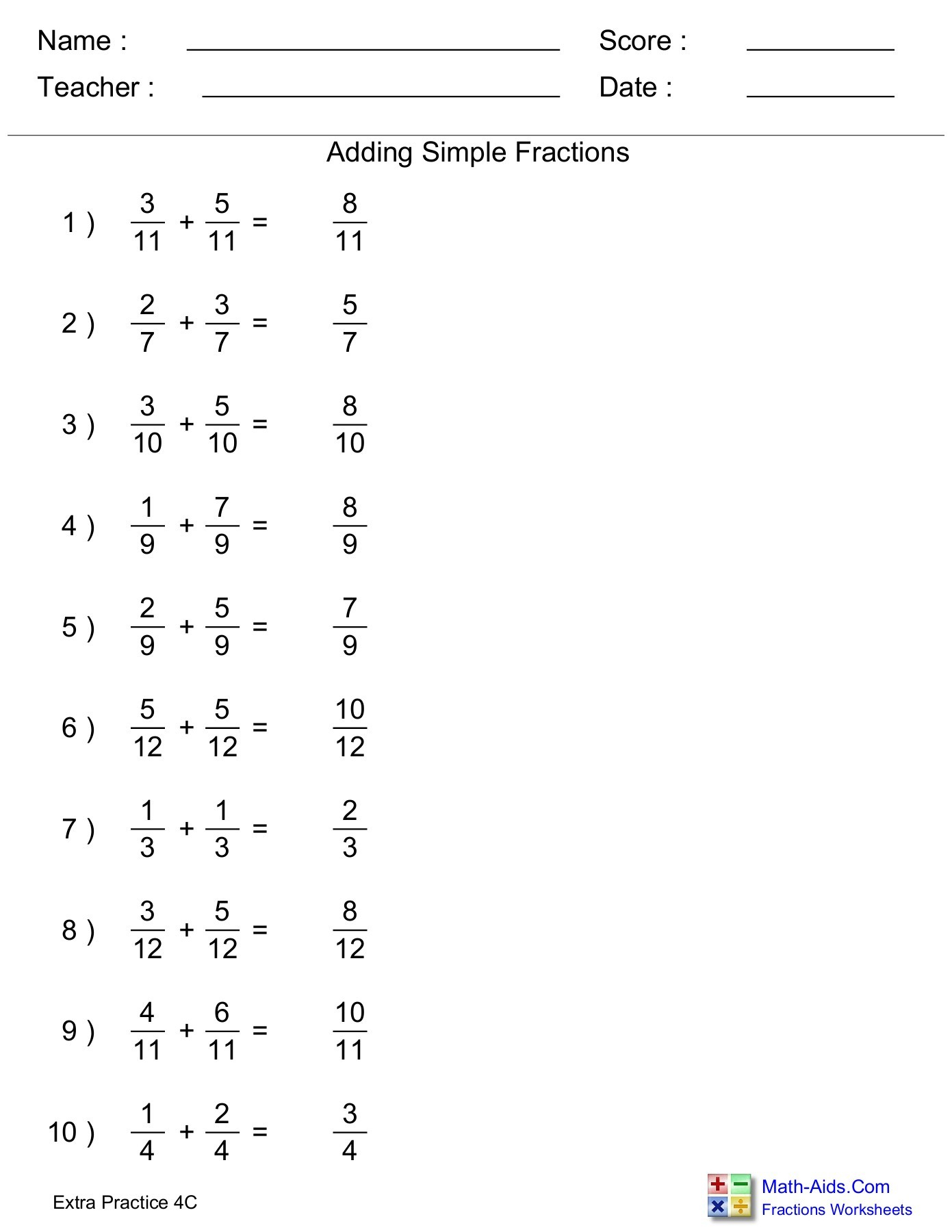 Math Aids Adding Fractions Worksheet