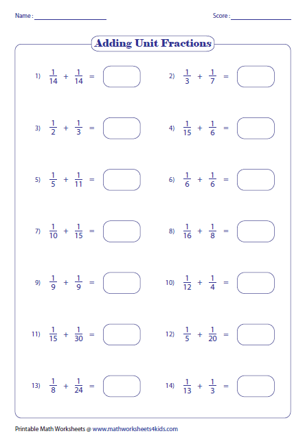 Adding Fractions Worksheets