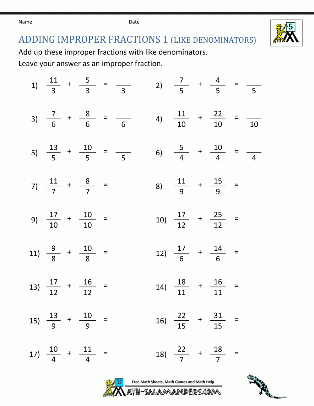 Adding Improper Fractions With Different Denominators Worksheets