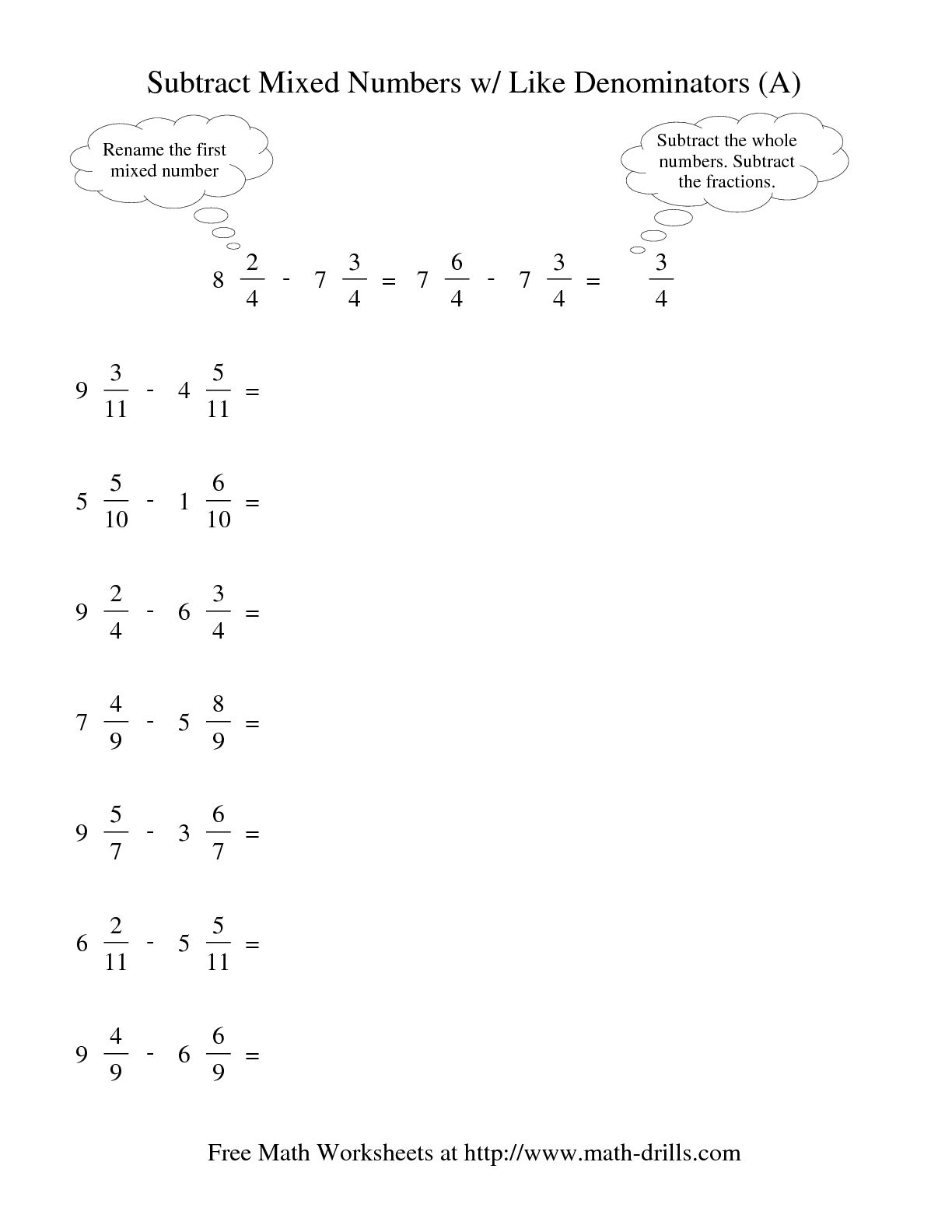 Adding And Subtracting Mixed Fractions With Like Denominators Worksheets