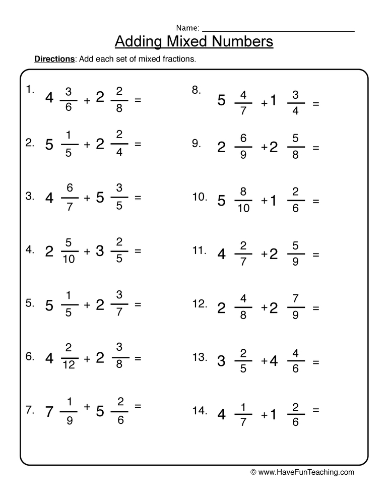 Adding Fractions And Mixed Numbers Worksheet