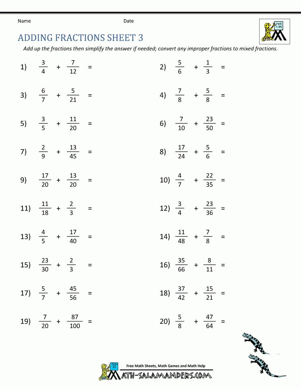 Adding Positive And Negative Fractions Worksheet