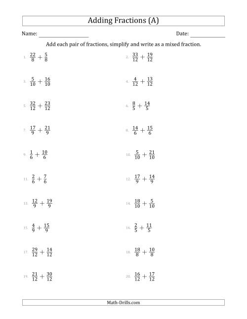 Adding Proper And Improper Fractions With Like Denominators With Mixed 