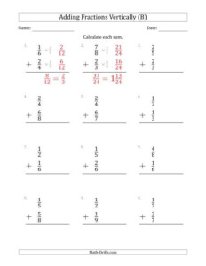 Adding Proper Fractions Vertically With Denominators From 2 To 9 B