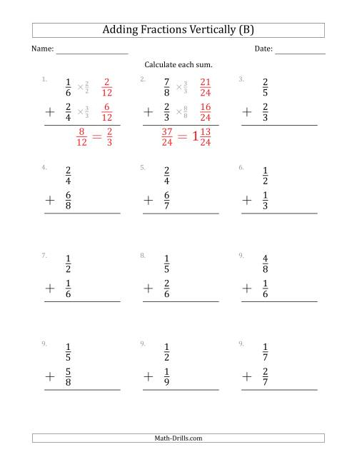 Adding Proper Fractions Vertically With Denominators From 2 To 9 B 