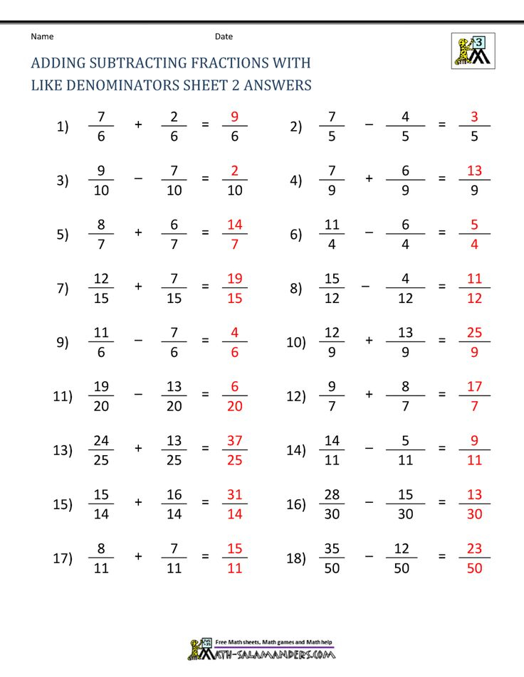 Adding Subtracting Fractions With Like Denominators Sheet 2 Answers In 