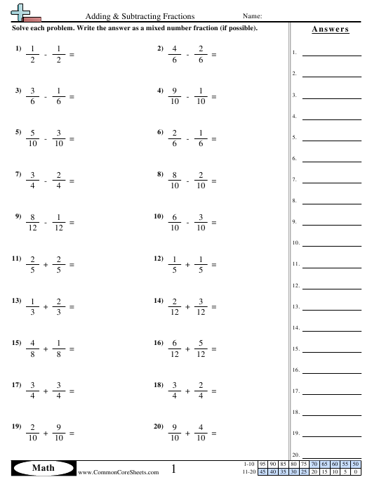 Adding And Subtracting Fractions Worksheets With Answer Key