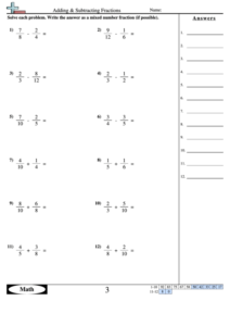 Adding Subtracting Fractions Worksheet With Answer Key Printable Pdf