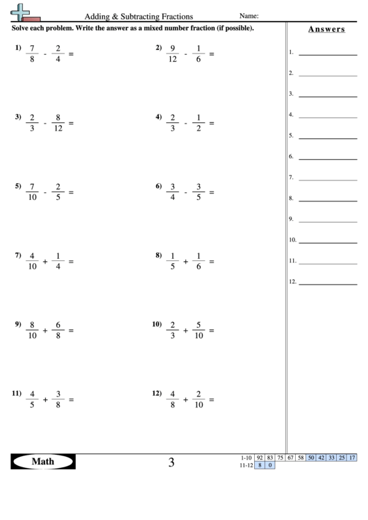 Adding Subtracting Fractions Worksheet With Answer Key Printable Pdf 