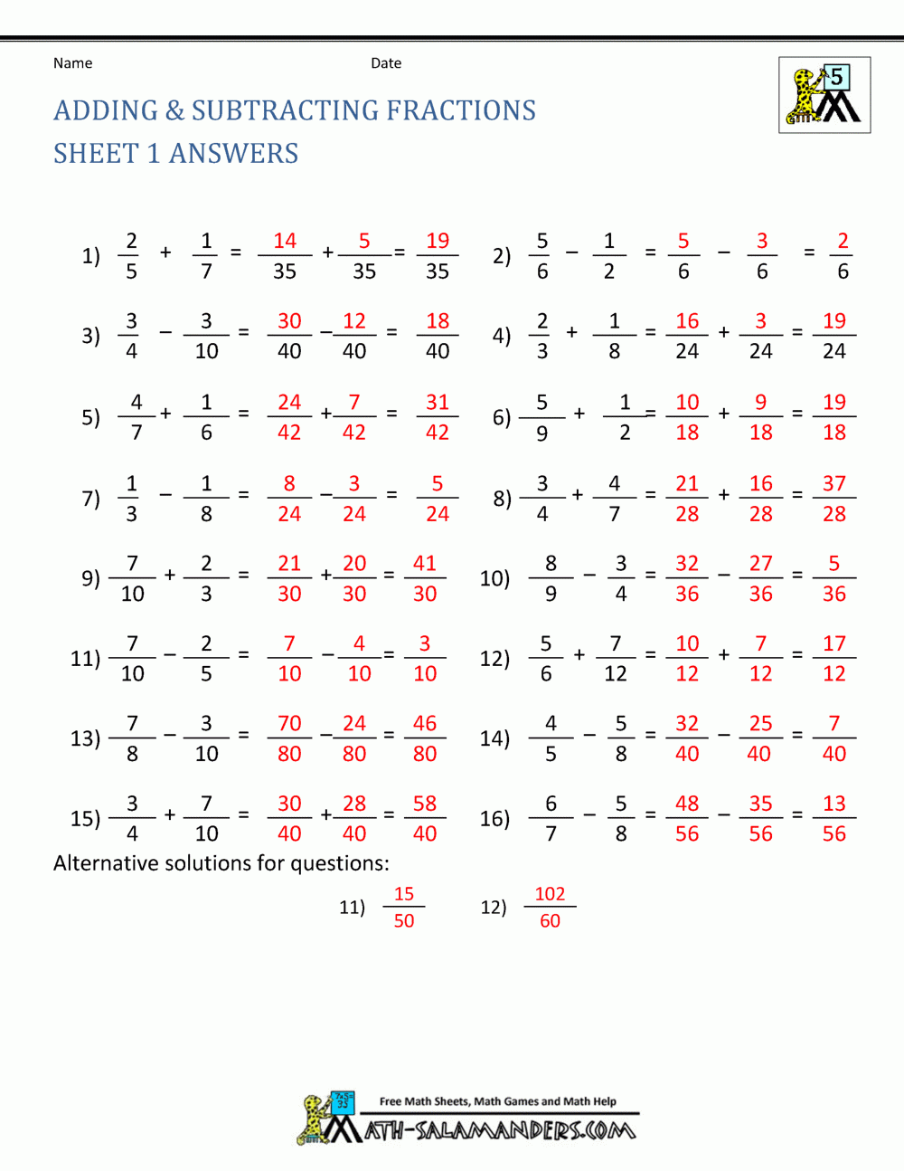 Adding Subtracting Fractions Worksheets