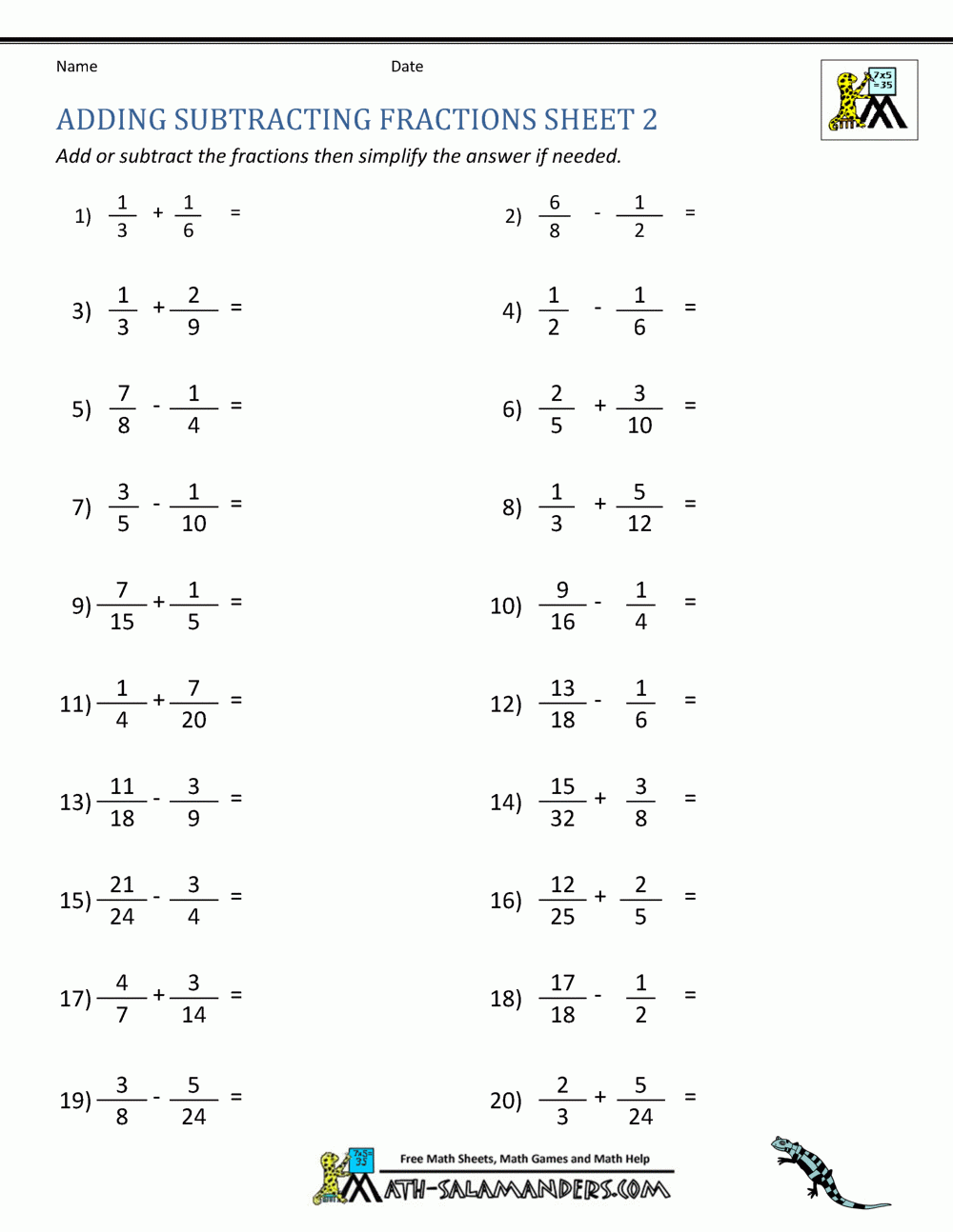 Add And Subtract Fraction Worksheets