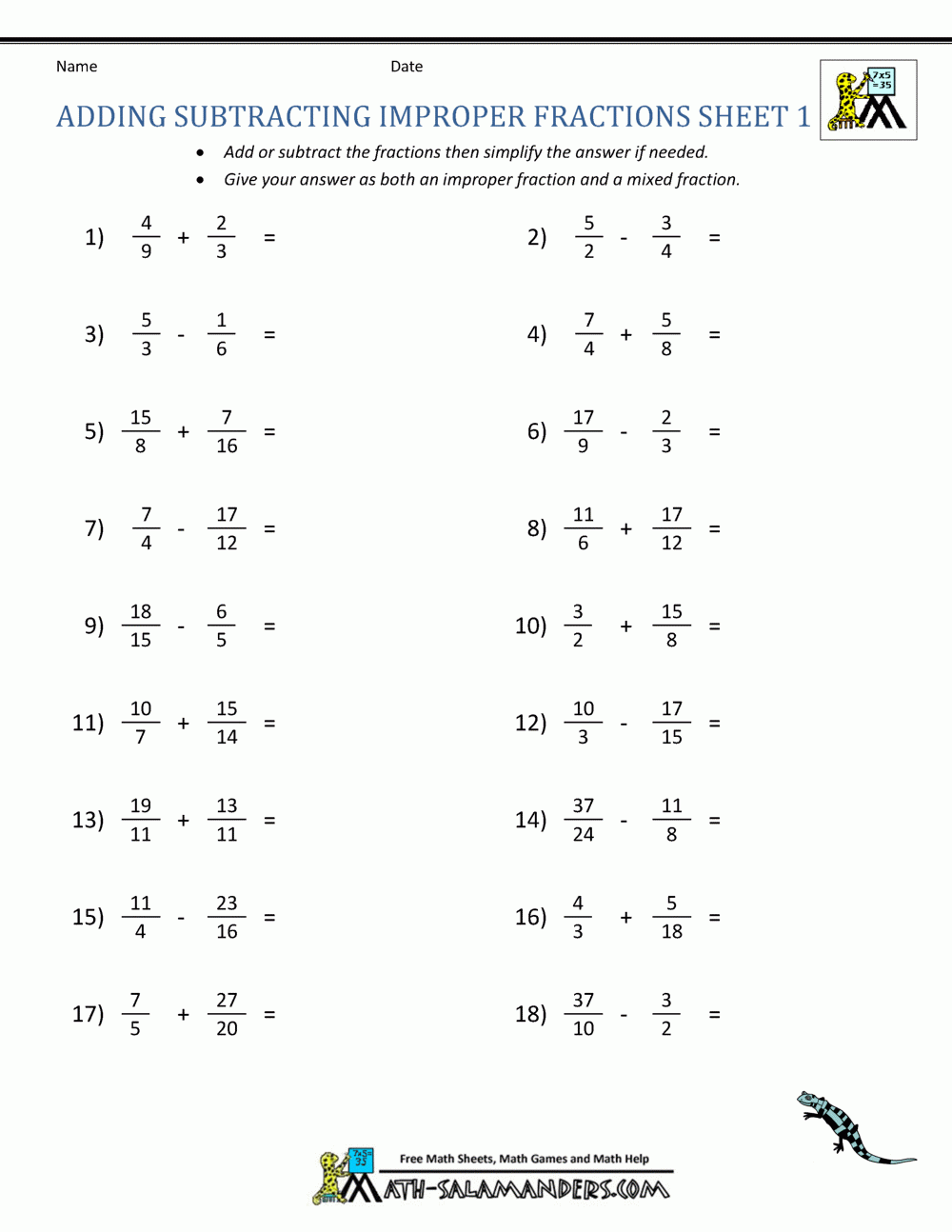 Improper Fractions Addition And Subtraction Worksheets