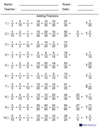 Adding Three Fractions Worksheet