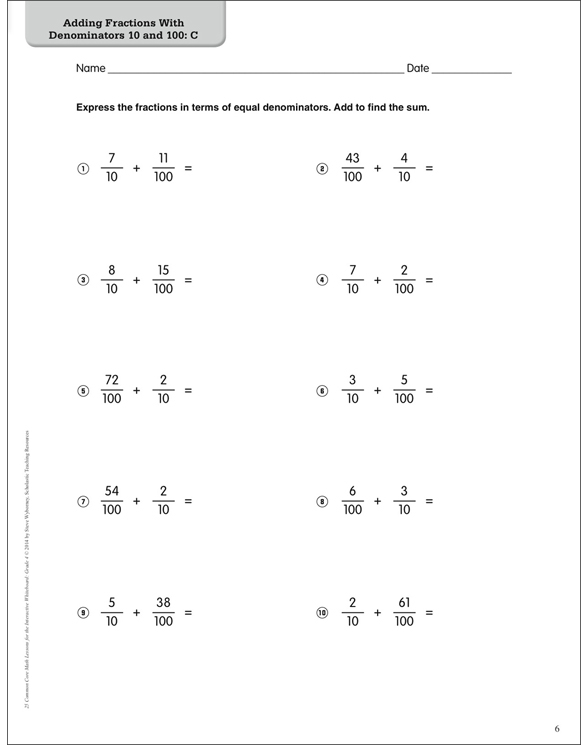 Adding Fractions With 10 And 100 As Denominators Worksheets