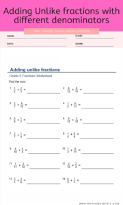 Adding Unlike Fractions With Different Denominators For Grade 5