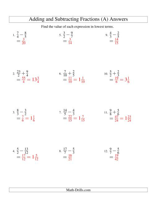 Algebraic Fractions Addition And Subtraction Worksheet