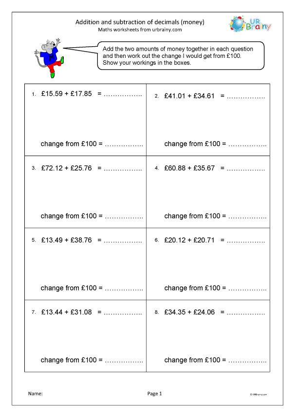 Addition And Subtraction Of Decimals Money Fraction And Decimal 