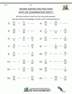 Addition And Subtraction Of Fractions With Like Denominators Worksheets