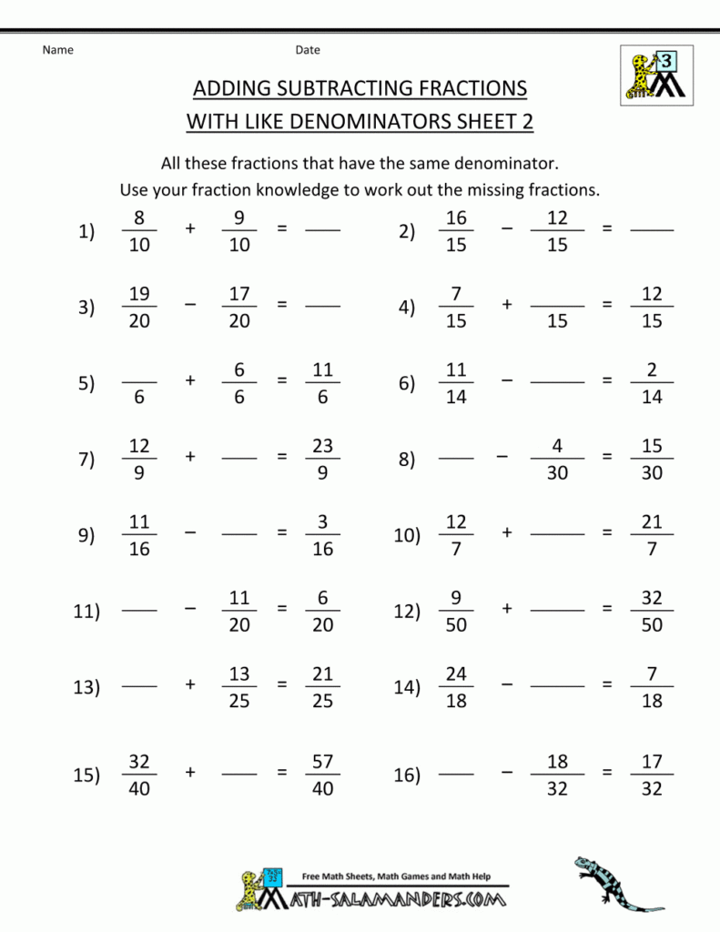 Addition And Subtraction Of Fractions With Like Denominators Worksheets 