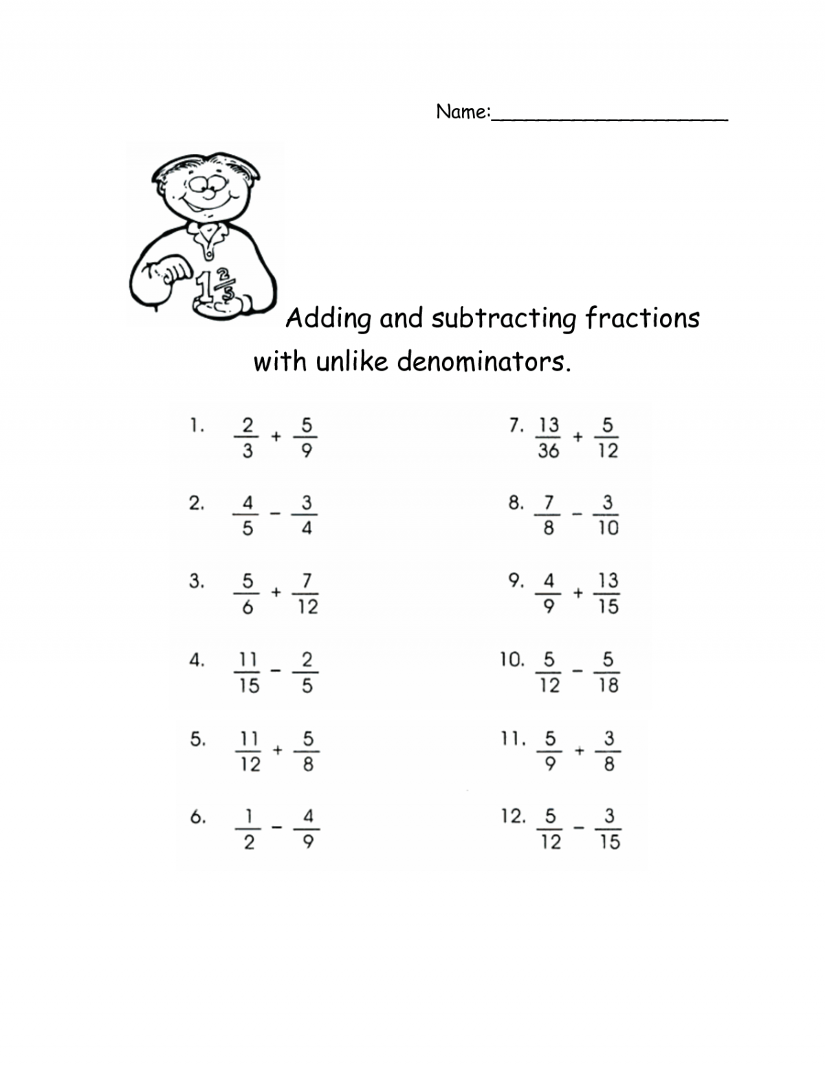 Fraction Addition And Subtraction Worksheets With Unlike Denominators