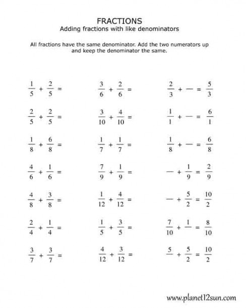 Adding Fractions Worksheets Same Denominator