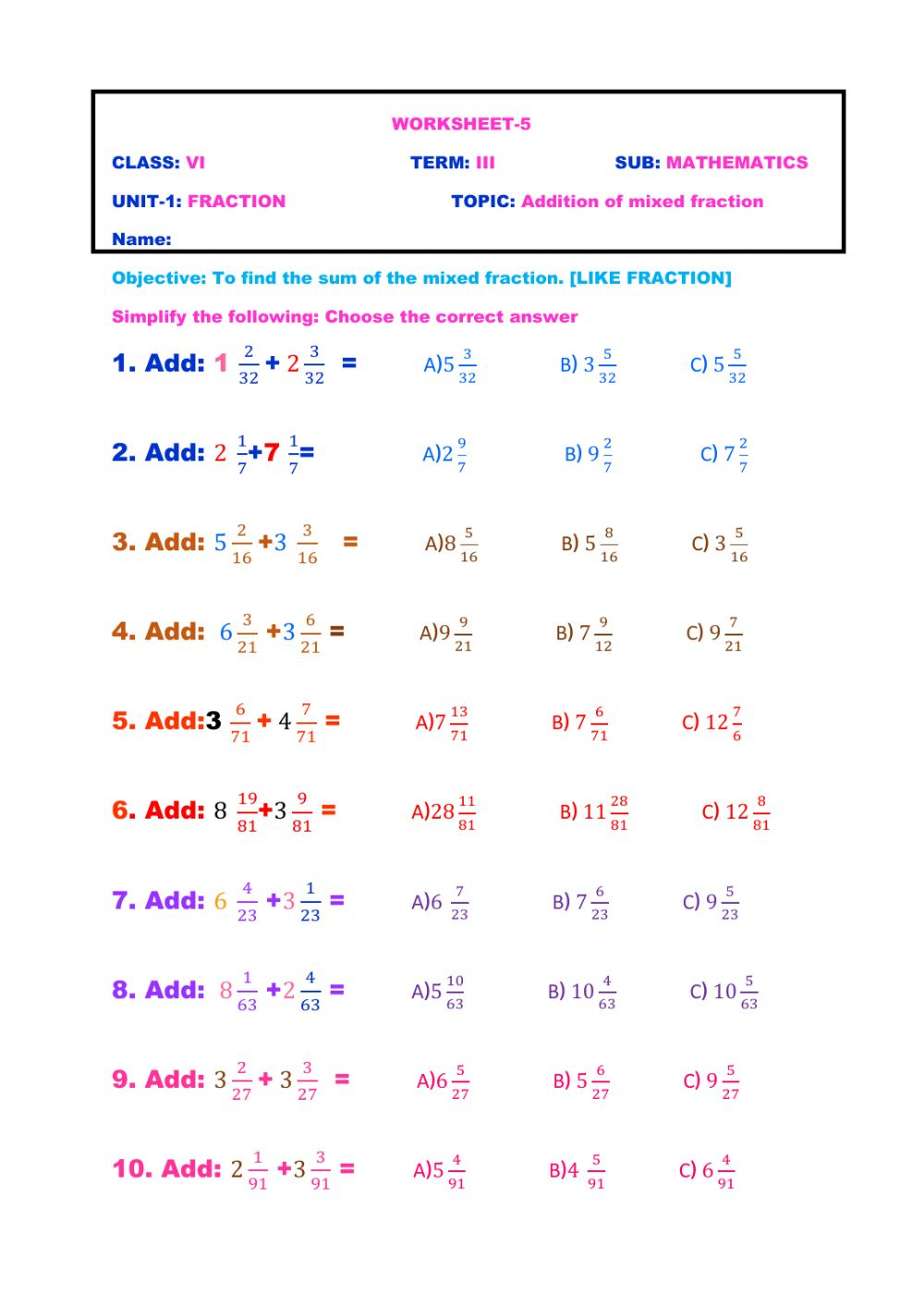 Mixed Fraction Addition Worksheet