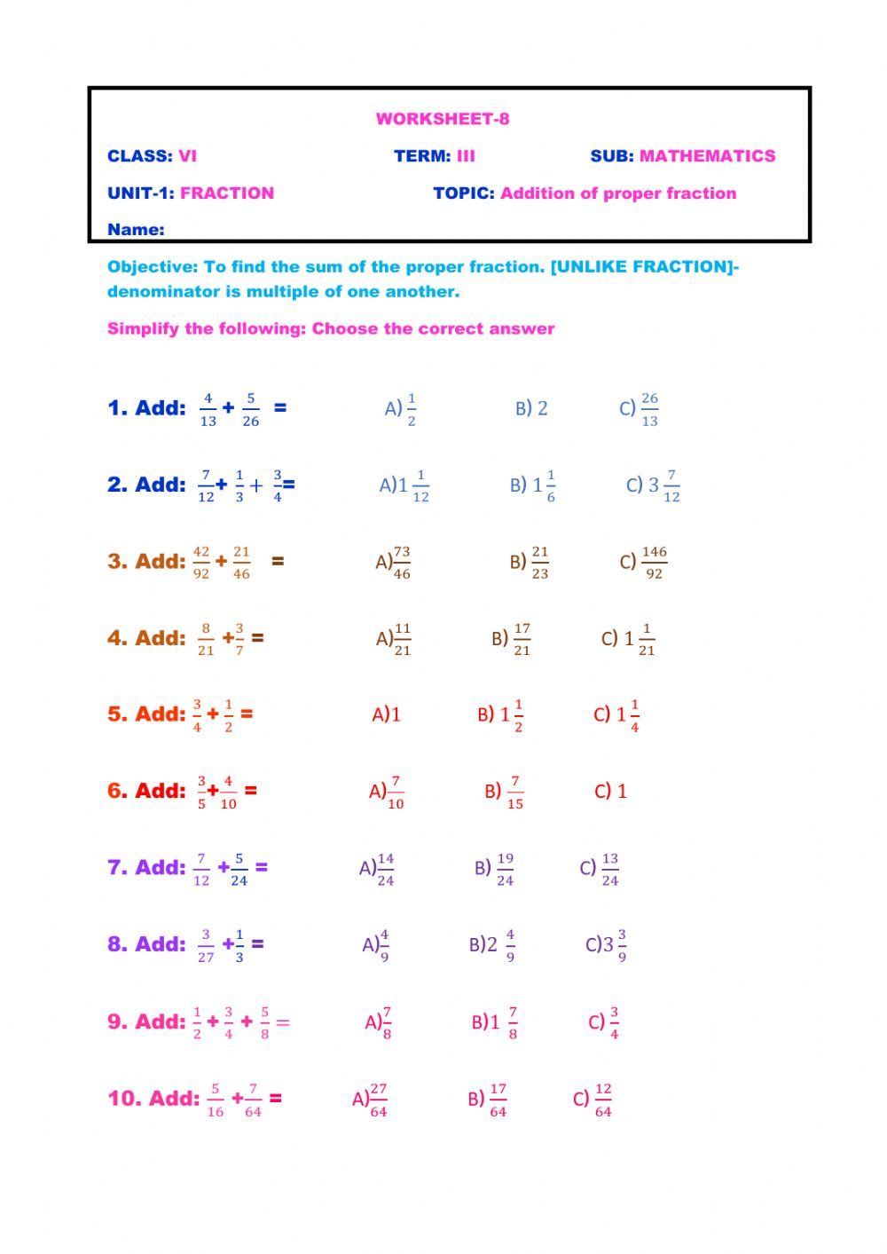 Adding Proper Fractions Worksheet