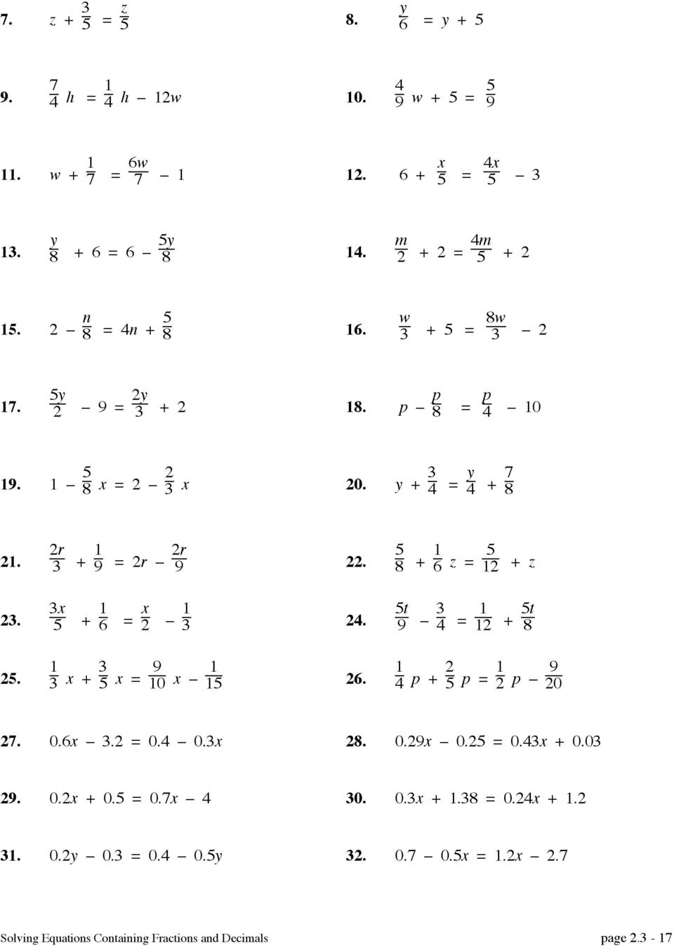 Clearing Fractions And Decimals Worksheet Answers