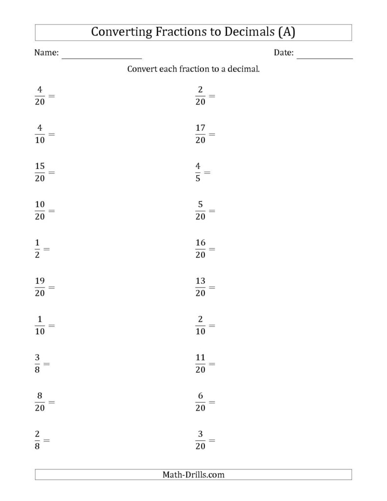 Changing Decimals To Fractions Worksheets 4th Grade Fraction 