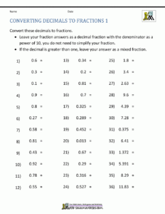 Changing Decimals To Fractions Worksheets 4th Grade Worksheets Free