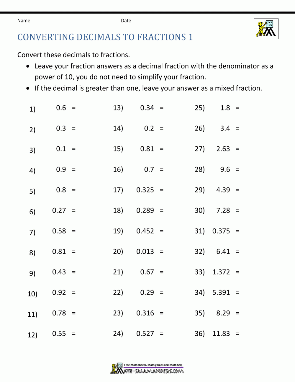 Converting Fractions To Decimals Worksheet Grade 4