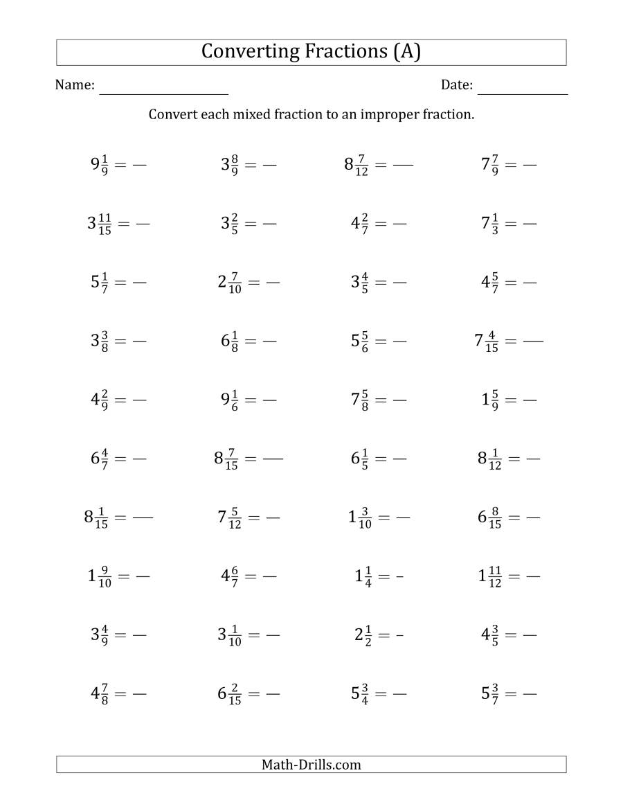 Changing Mixed Numbers To Improper Fractions And Vice Versa Worksheet