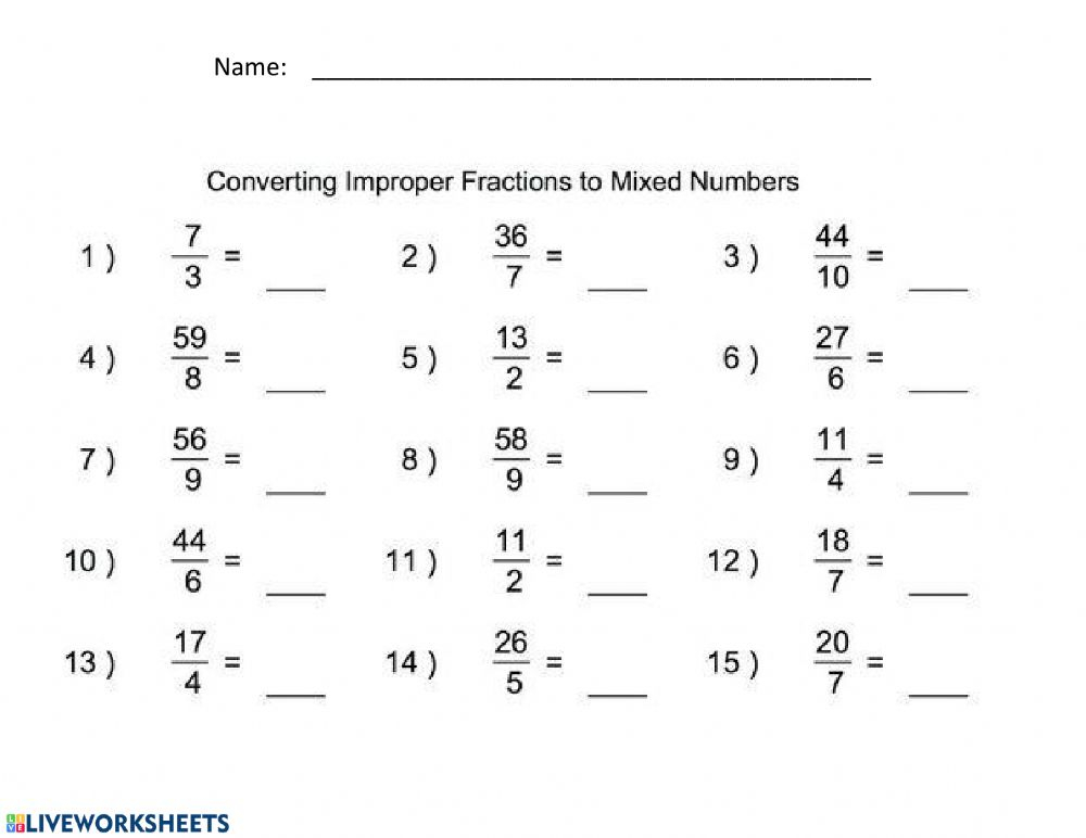 Change Mixed Number To Improper Fraction Worksheet