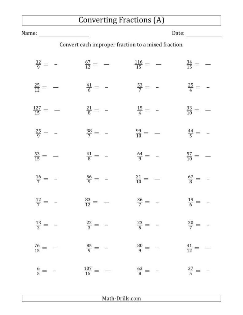 Turning Improper Fractions To Mixed Numbers Worksheet