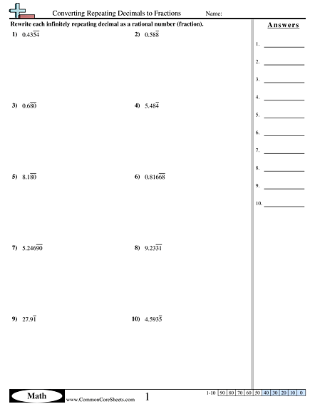 Converting Fractions To Repeating Decimals Worksheet