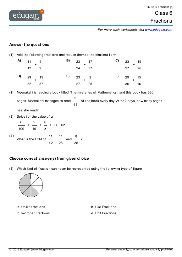 Class 6 Math Worksheets And Problems Fractions Edugain India