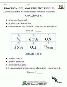 Compare And Order Fractions Decimals And Percents Worksheet