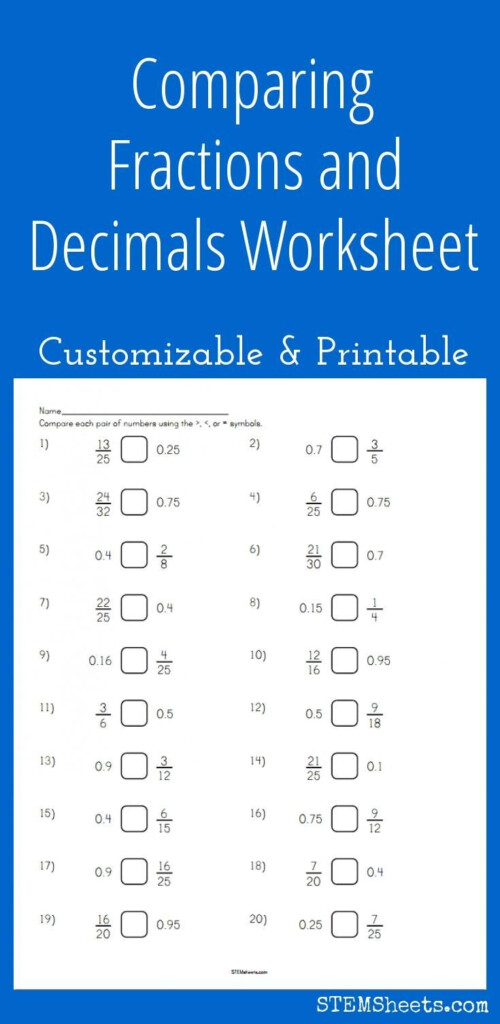 Comparing Fractions And Decimals Worksheet Customizable And Printable 