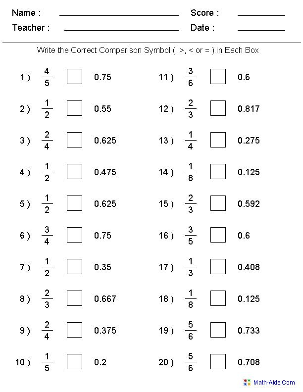 Comparing Fractions To Decimals Worksheet