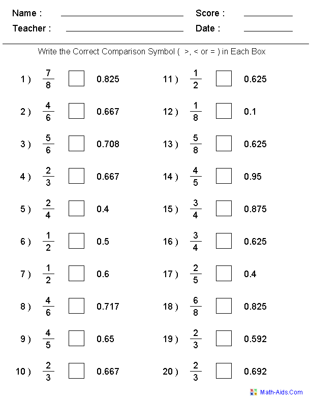 Comparing And Ordering Fractions And Decimals Worksheets